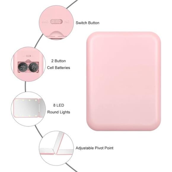 Pink Compact Mirror LED Light 1X 3X Magnification Travel Pocket Mini Mirror - Picture 4 of 7